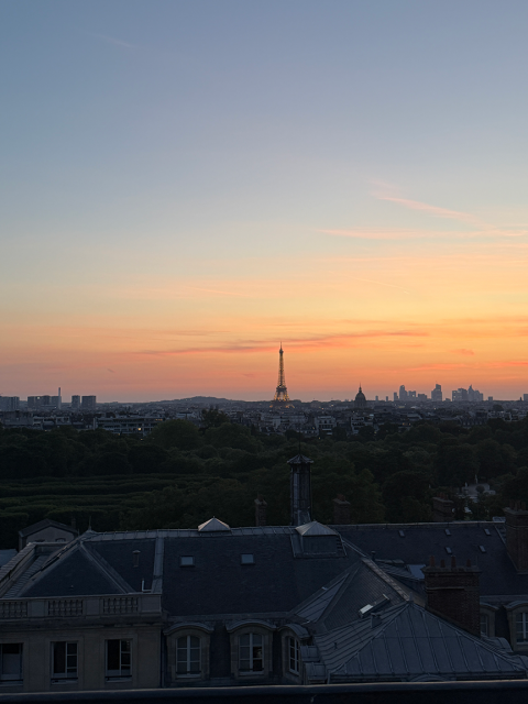 Skyline of Paris with the view of the Effiel Tower across an orange sky