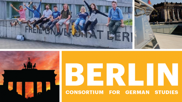 Images of landmarks in Berlin like the Brandenburg Gate and photo of students at Freie Universität Berlin