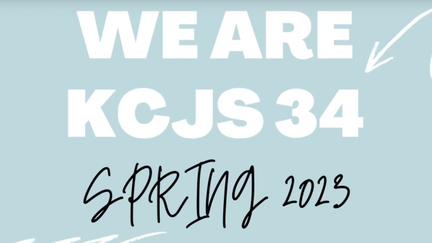 Blue and white graphic with text that reads "We Are KCJS 34, Spring 2023"