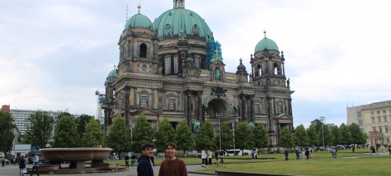 Hutton Saunders and a friend standing in front of the Berlin Cathedral