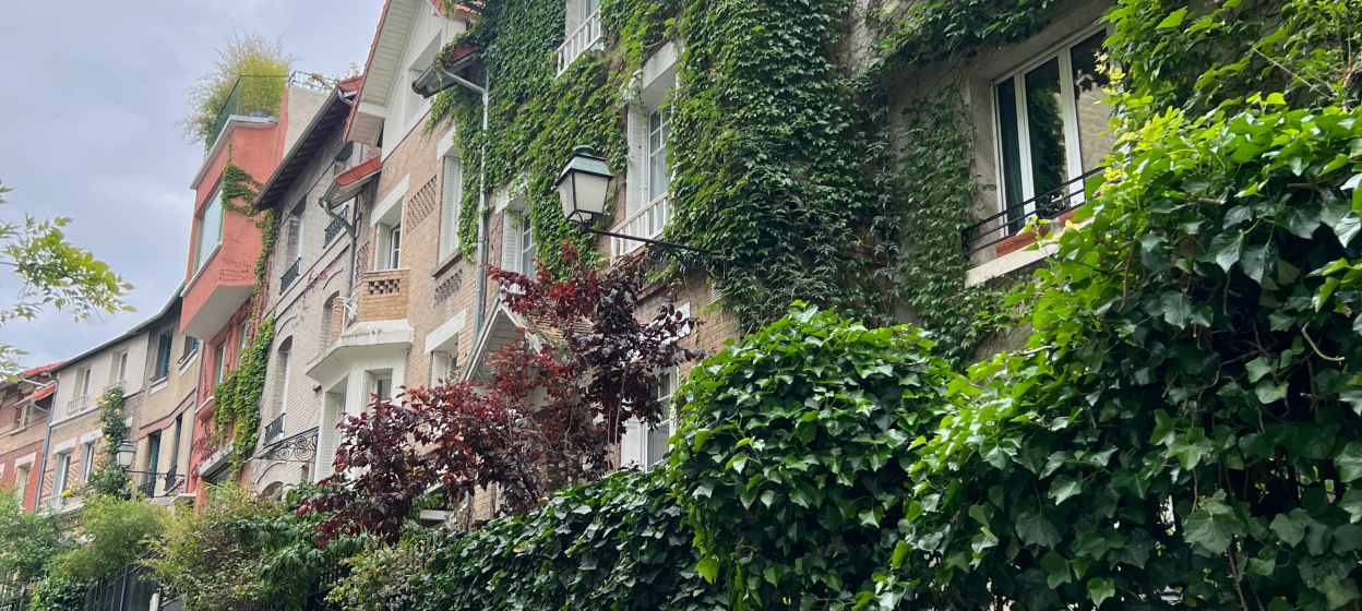 A street in Paris with building covered by green ivy