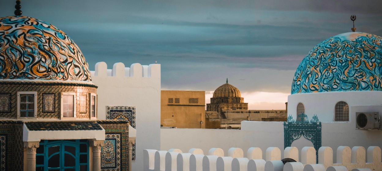 White and teal dome buildings in Kairouan, Tunisia