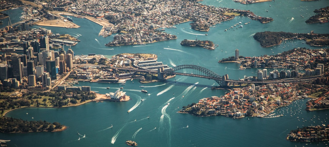 Aerial photography of the many bridges and water in Sydney