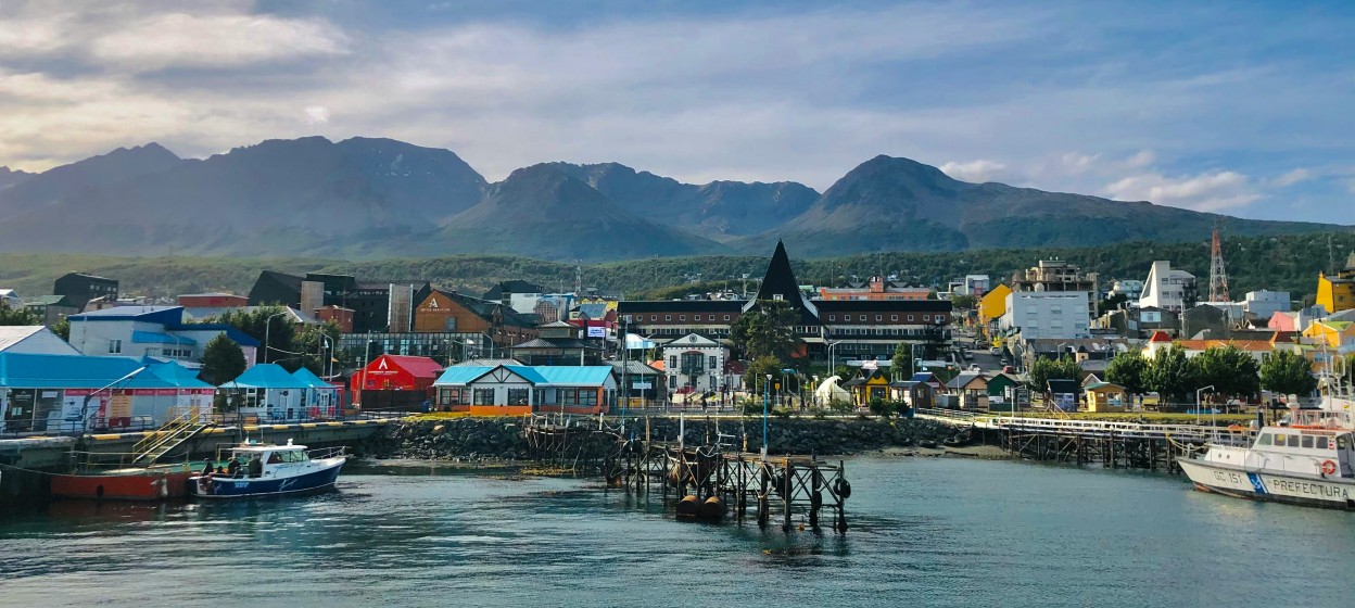 View of buildings in Ushuaia, Tierra del Fuego Province, Argentina from the water