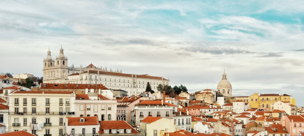Spanish style buildings line the hillside of Lisbon, Portugal