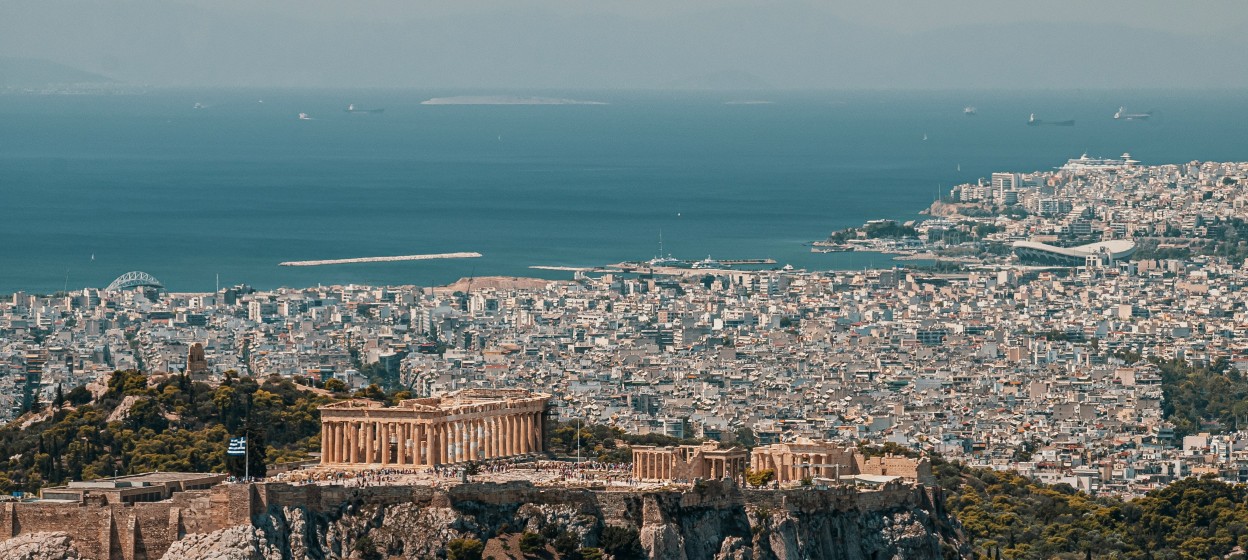 View of Athens, Greece from the ancient ruins to the sea