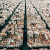 Birds eye view of the brown square sets of buildings in Barcelona, Spain