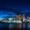A view of the skyline in Signapore with its modern buildings as it becomes dusk